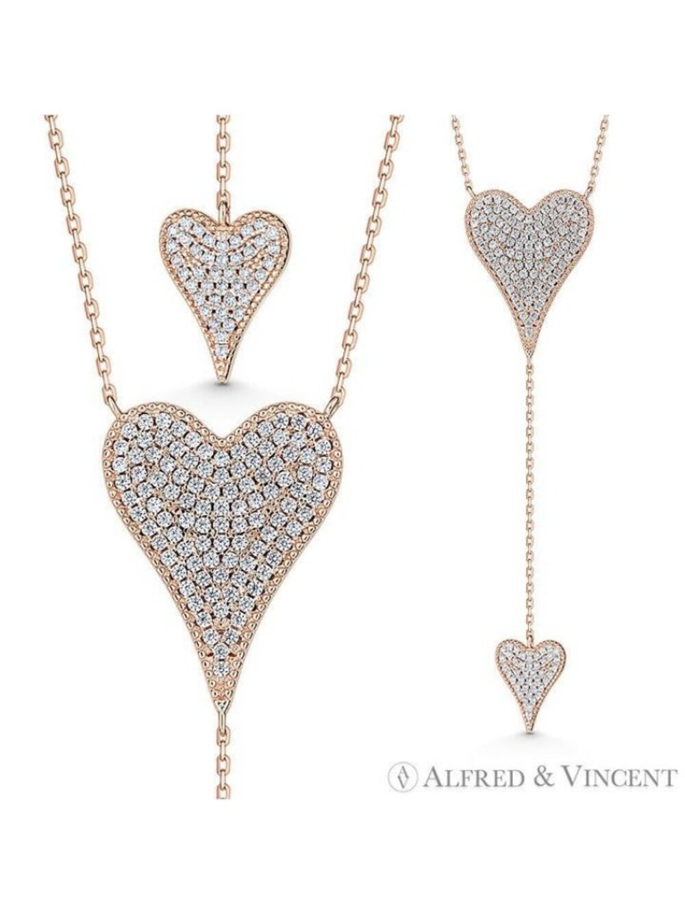 Large Heart & Small Drop-Heart CZ Crystal Pave Necklace in .925 Sterling Silver